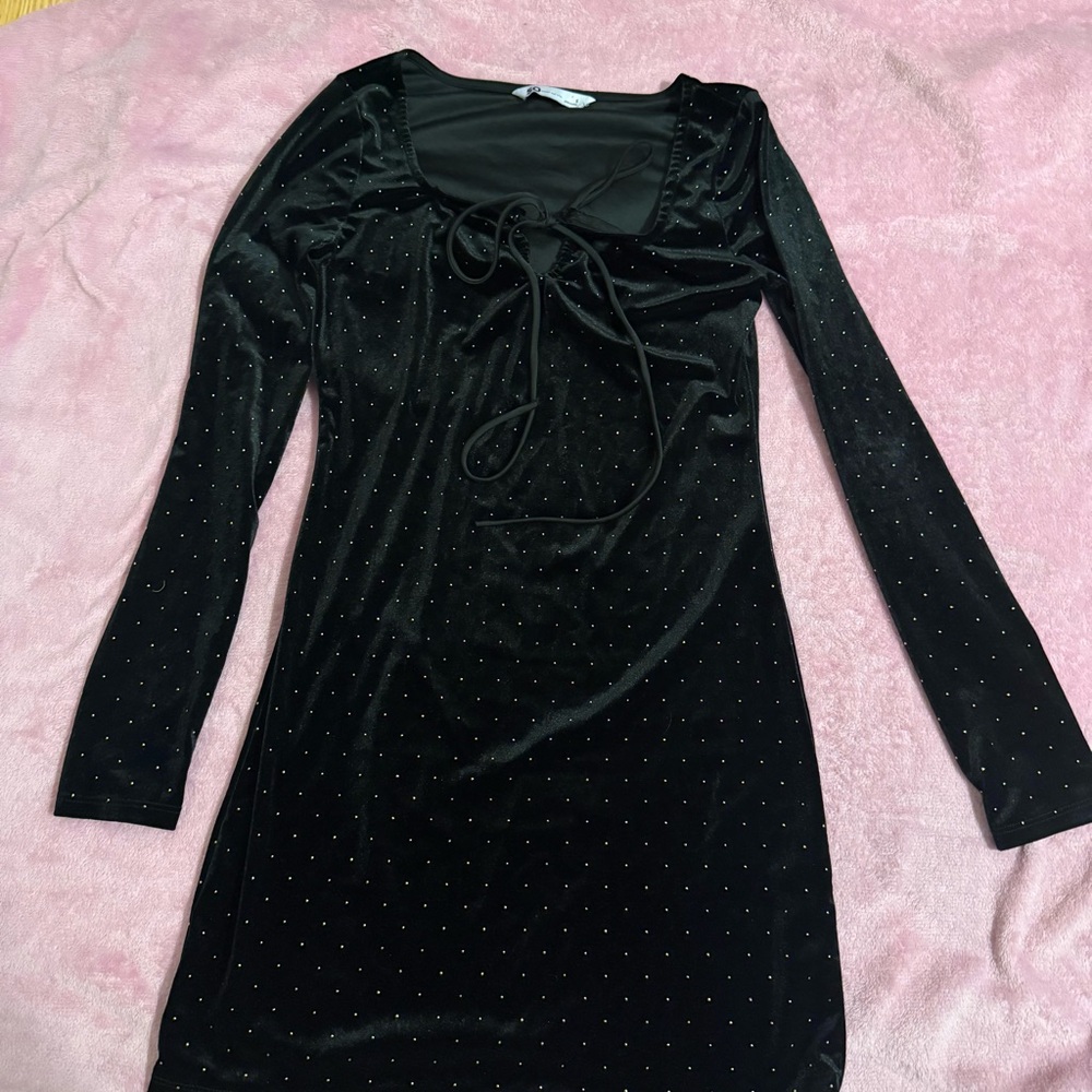 SO Black Long Sleeve Dress with Gold Accents Polka dots